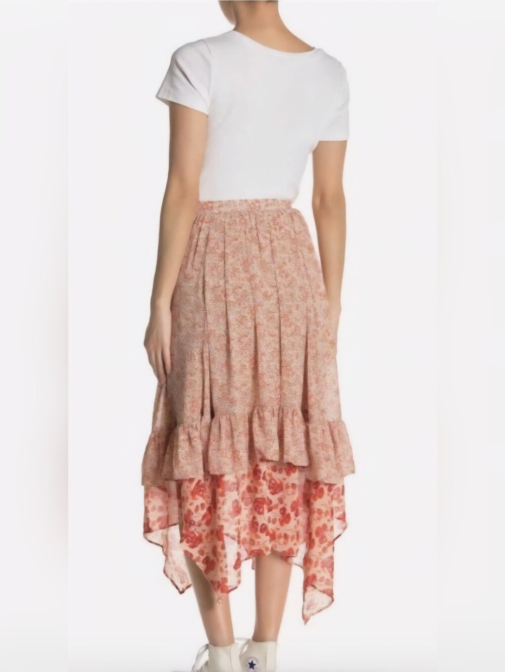 Free People Size 4 Zuma Drippy Boho Cottage Floral Tiered Midi Skirt in Pink - Picture 6 of 14